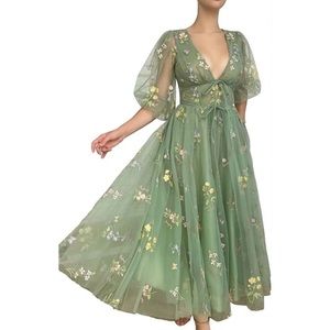 Women's Puffy Sleeve Prom Dresses Flower Embroidery Tulle